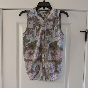 American Eagle Green Tunic Top Sleeveless Paisley Print Button Front, Size S